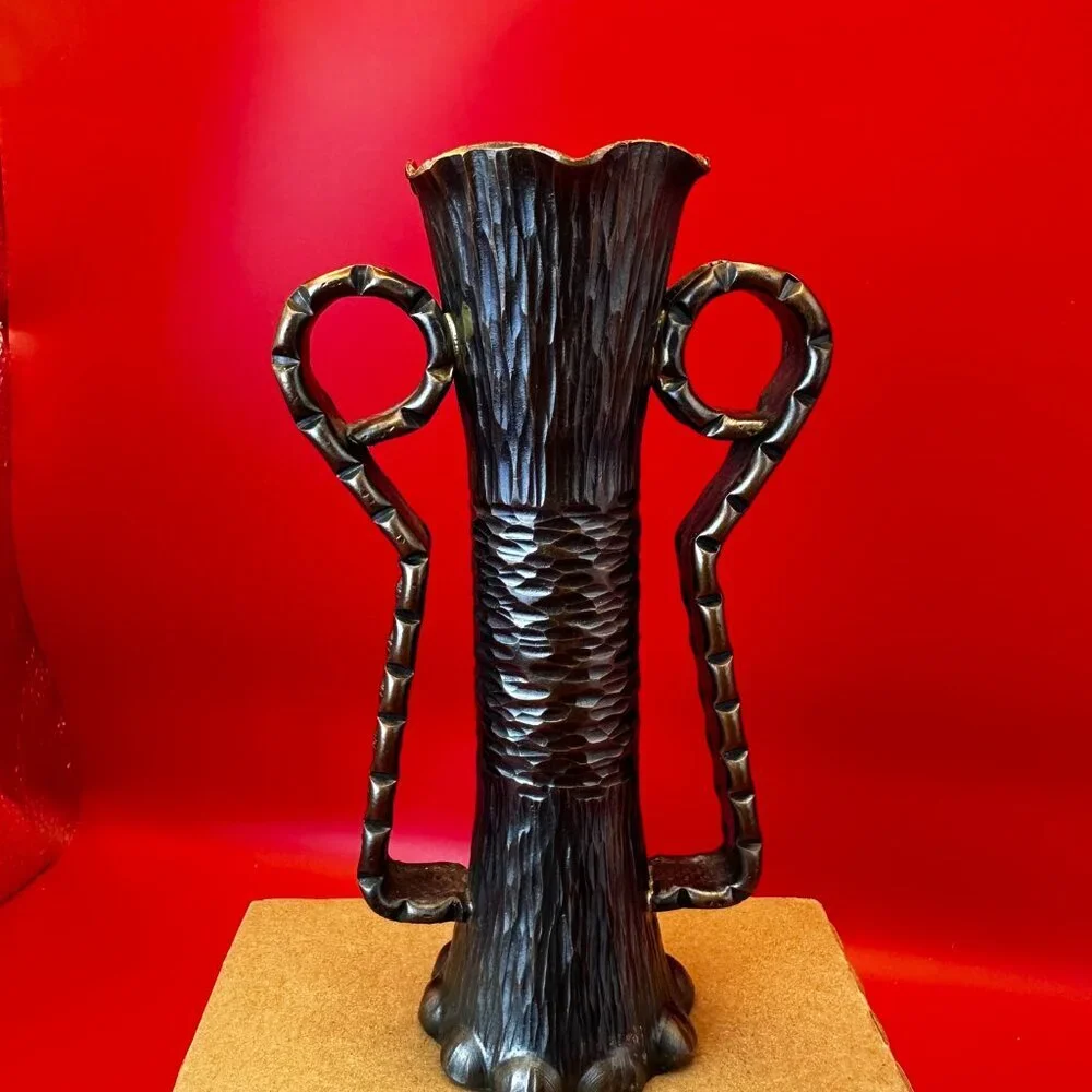 VINTAGE BRONZE VASE, TEXTURED SURFACE AND STYLIZED HANDLES - Picture 3 of 9